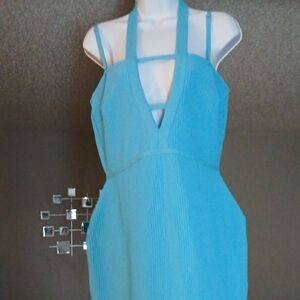 Fashion Nova Aqua One-Shoulder Ribbed Strappy Bodycon Dress